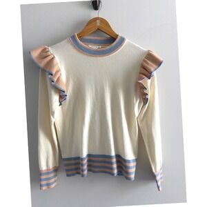 THML Womens Cream Ruffle Shoulder Striped Trim Knit Sweater Small